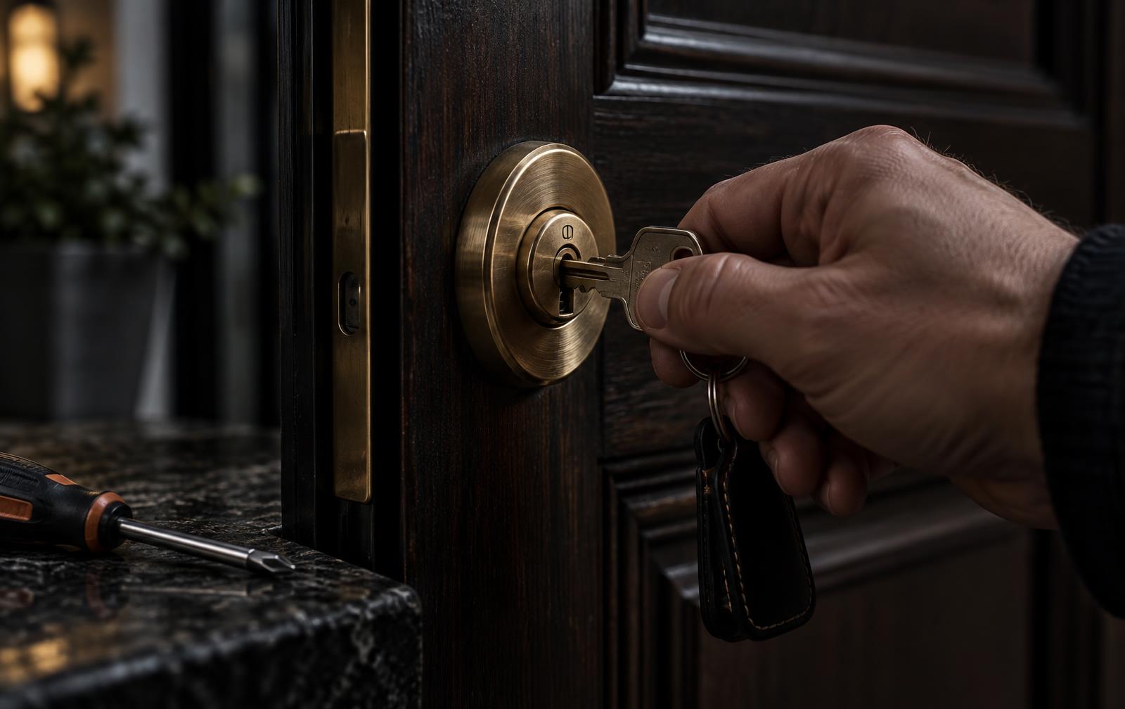 Hand met sleutel in een messing cilinderslot van een houten voordeur